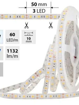 Oblíbený LED pásek SMD5050 bílá barva, DC12V, IP65, 10mm, bílý PCB pásek, 60 led ML-121.606.70.0