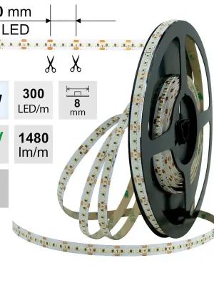 MCLED Pásek LED SMD2216 CW, 300LED/m, 18W/m, DC 24V, 1480lm/m, CRI90, IP20, 8mm, 5m Tovární Cena